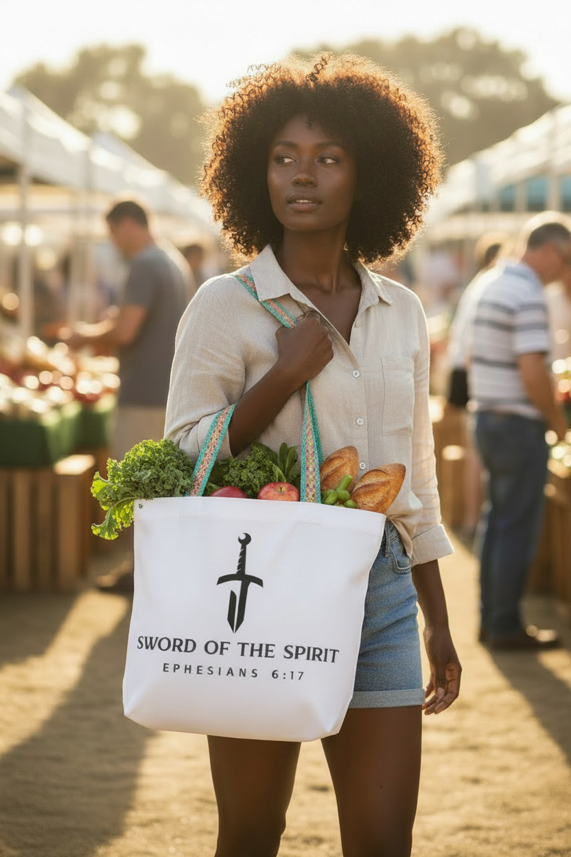 Woman carrying the Sword of the Spirit Polyester Tote Bag at a farmers market with groceries and journal inside
