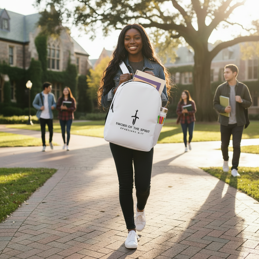 Asian American woman wearing the Sword of the Spirit Backpack on a college campus