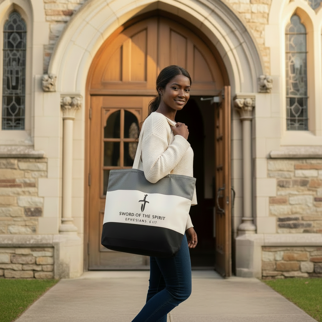 Hispanic woman carrying the Sword of the Spirit Tri-Color Tote Bag walking into church