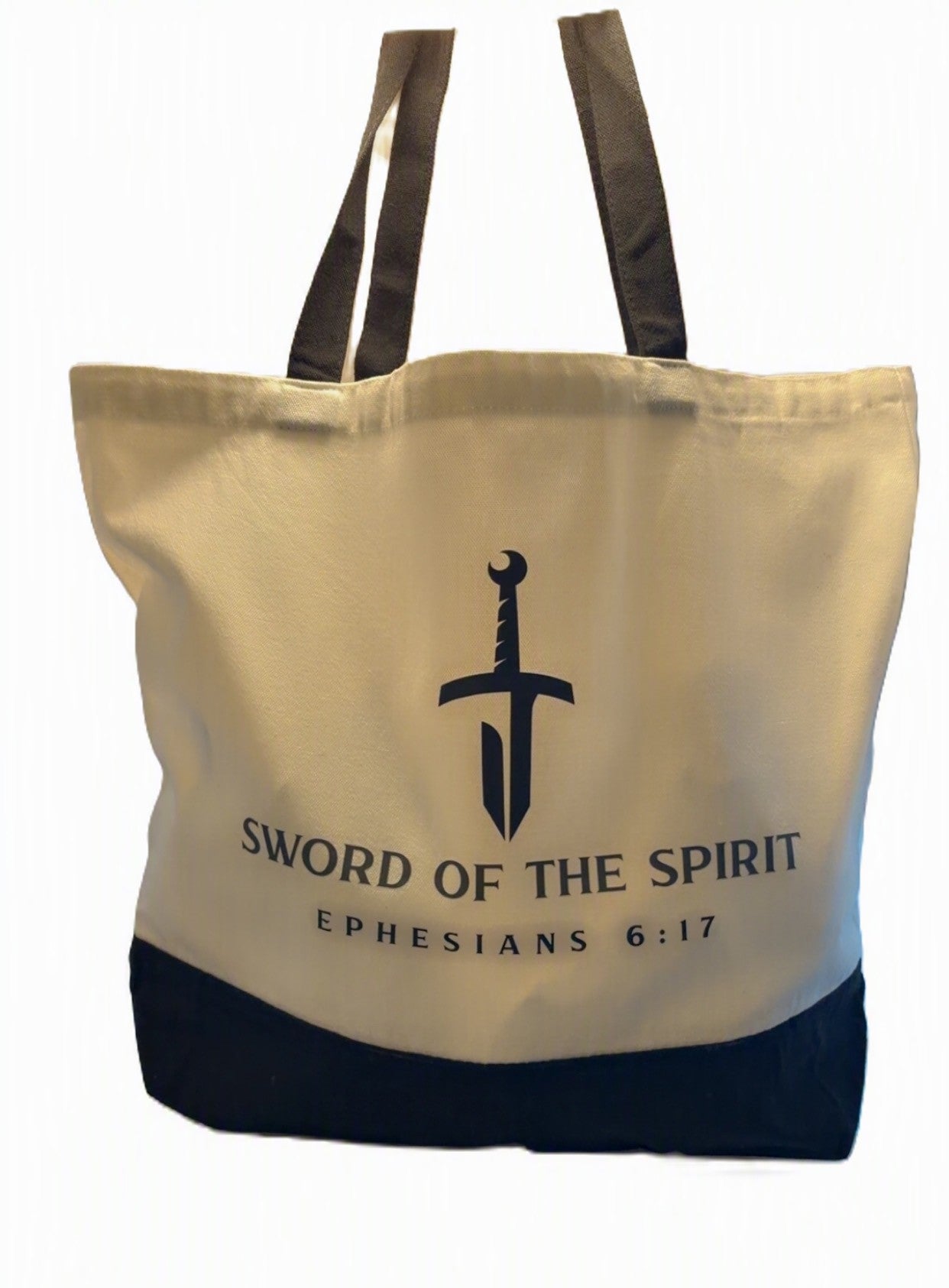 Beige tote bag with black text and sword symbol on a white background