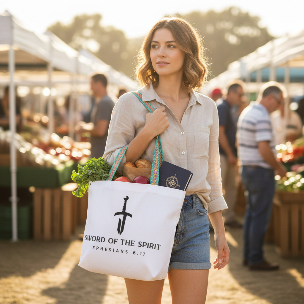 Woman carrying the Sword of the Spirit Polyester Tote Bag at a farmers market with groceries and journal inside