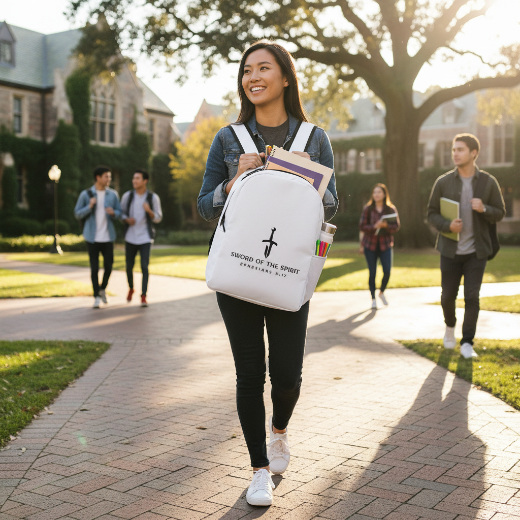 Asian American woman wearing the Sword of the Spirit Backpack on a college campus