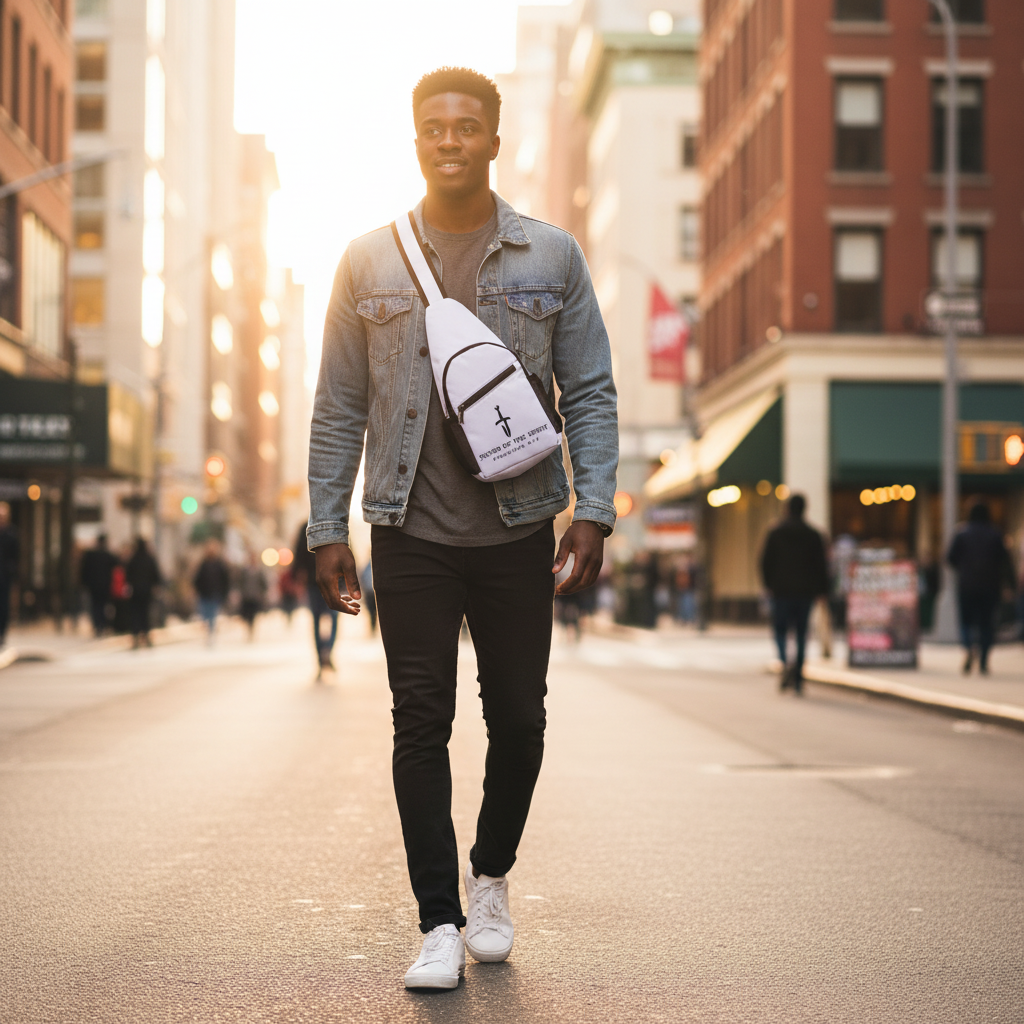 Young Black man wearing the Sword of the Spirit Chest Bag across his chest on a city street